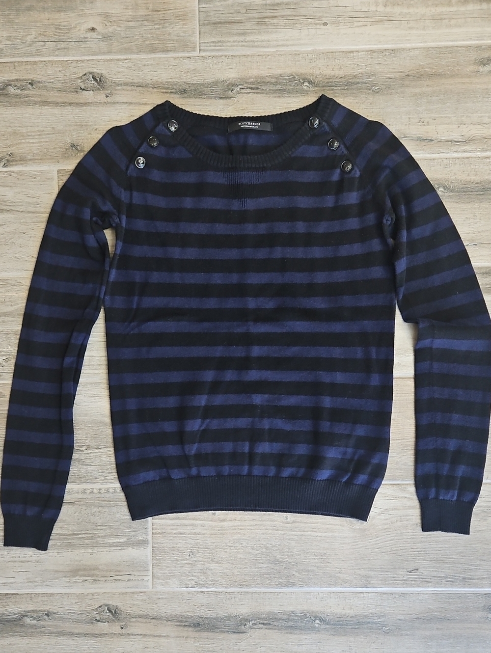 Striped Navy and Black Button-Shoulder Sweater